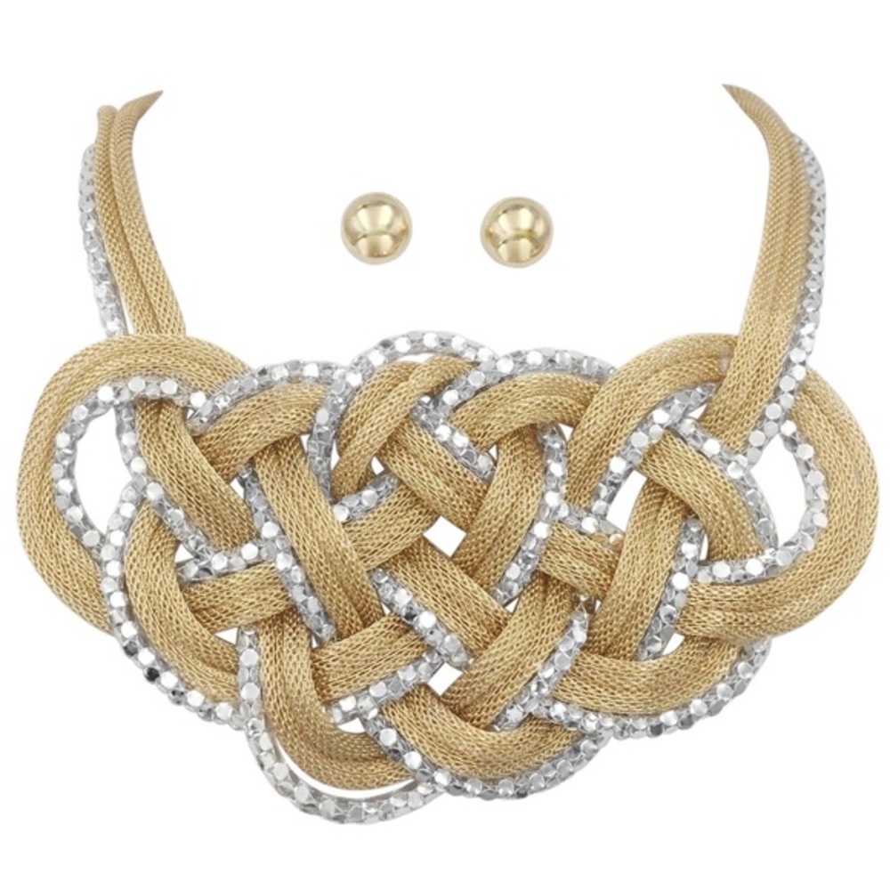 Mesh 2-Tone Braided Chunky Necklace Earrings Set